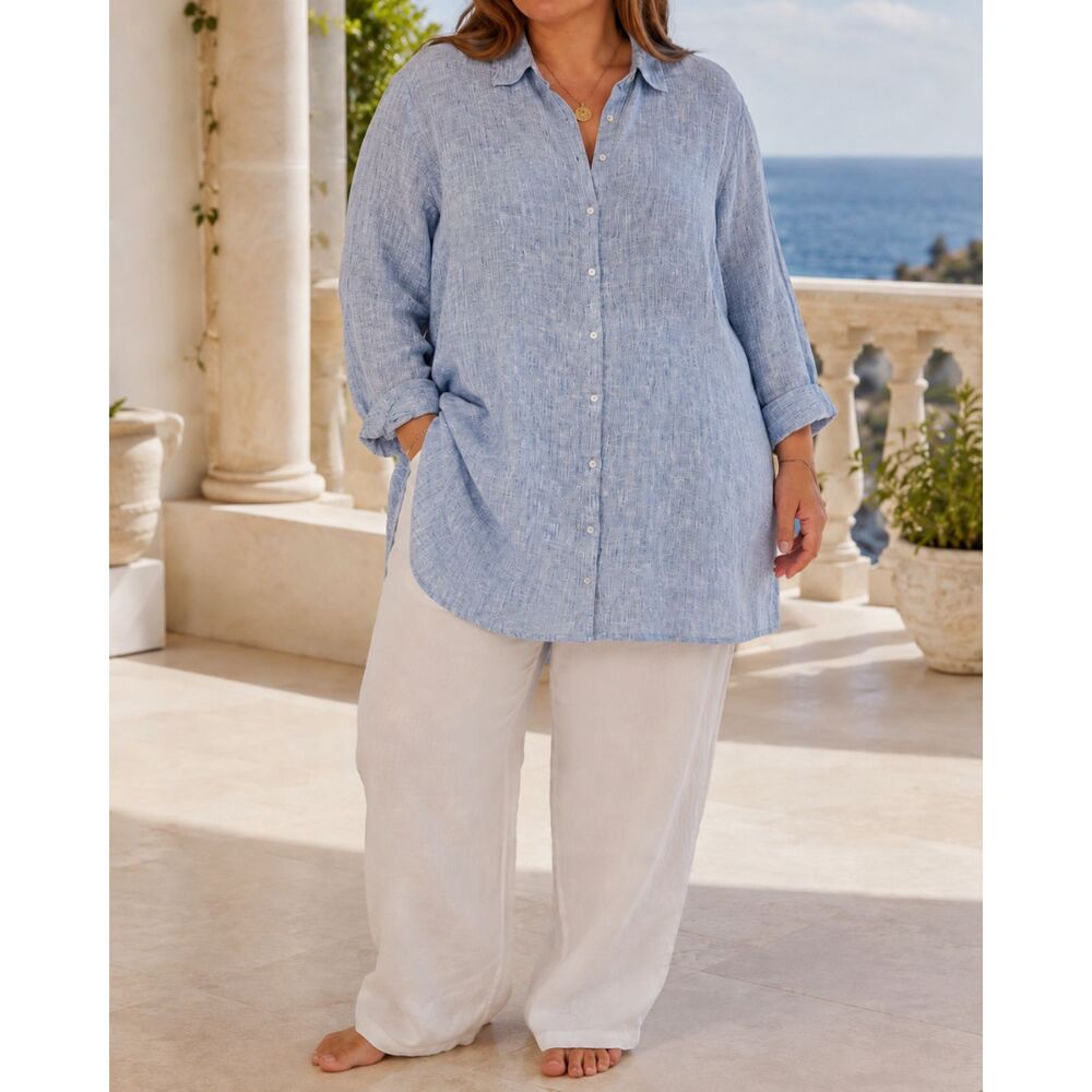 Tahari 100% Linen Tunic Shirt 3X Light Blue Button Down Oversized Coastal Plus